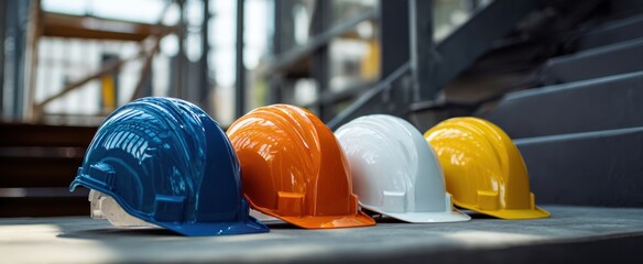 The collection of colorful hard hats on a construction site surface.
