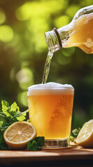 Refreshing beverage poured from bottle into glass with lemon slices  