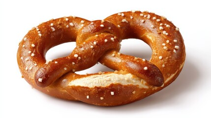 Freshly baked soft pretzel with sea salt on white background