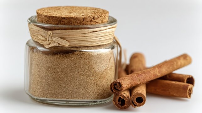 Clear glass jar of brown sugar with cinnamon sticks on white background