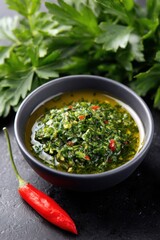 Bowl of chimichurri sauce with green parsley and chili, ideal for grilling, photographed on a dark surface.  