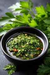 Bowl of chimichurri sauce with green parsley and chili, ideal for grilling, photographed on a dark surface.  