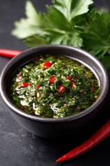 Bowl of chimichurri sauce with green parsley and chili, ideal for grilling, photographed on a dark surface. 