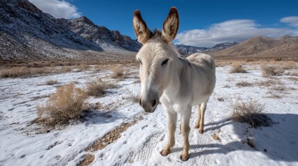 Burro in the desert under winter skies, highlighting the stark contrast of the snowy desert. 