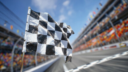A chequered flag is being waved at the finish line while a car speeds past. Behind, grandstands filled with cheering spectators create a vibrant atmosphere. The scene captures the thrill of racing