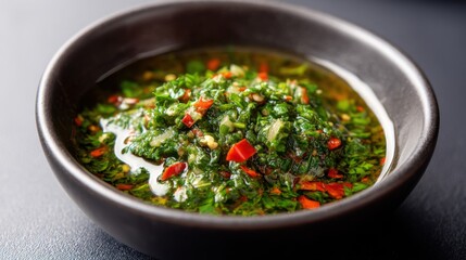 Chimichurri sauce with finely chopped parsley and chili, displayed in a bowl with dark shadows.