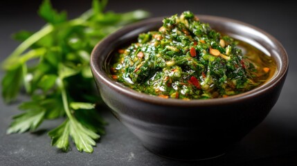 Chimichurri sauce with finely chopped parsley and chili, displayed in a bowl with dark shadows. 