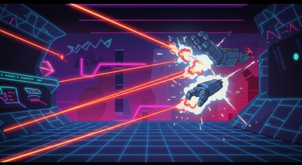 Cyberpunk scene with robot arms firing in a gridlined neonlit room