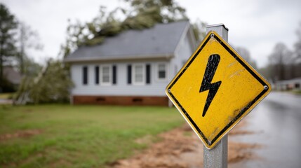 Close-up of a warning sign in front of a house with roof damage caused by a recent thunderstorm. 