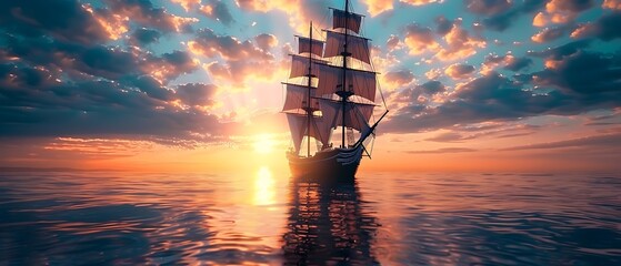 Majestic sailing ship sailing on calm seas during a breathtaking sunset or sunrise