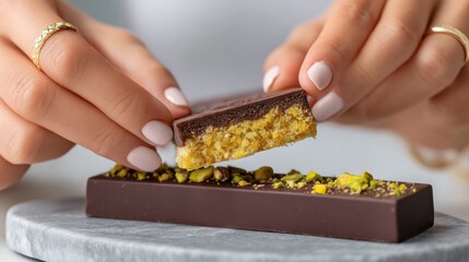 Close-up of a woman breaking a luxurious Dubai chocolate bar with pistachios and knafeh on a grey table. 