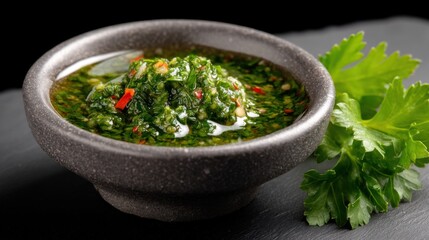 Close-up of chimichurri sauce with green parsley and chili, served in a small bowl on a dark background. 