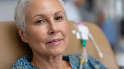 Close-up of an elderly female patient with a catheter and IV line, receiving cancer care at a wellness clinic. 