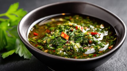 Close-up of chimichurri sauce with green parsley and chili, served in a small bowl on a dark background. 
