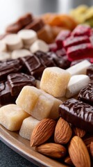 Close-up of Turkish Ramadan candy assortment including sugar candy, chocolate, and almond treats. 