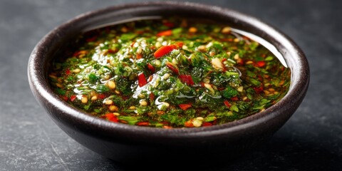 Close-up of spicy chili chimichurri sauce with parsley, in a bowl against a dark backdrop. 