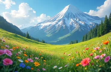 Green meadow with diverse colorful wildflowers blooming below snow capped mountain peak. Tall green pine trees on slope. Bright blue sky with white clouds overhead.