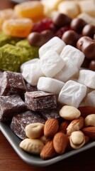 Close-up of Turkish Ramadan candy assortment including sugar candy, chocolate, and almond treats. 