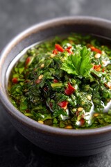 Close-up view of chimichurri sauce, green parsley, and chili in a bowl, perfect for Argentine barbecue, on a dark background. 