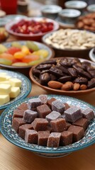 Colorful traditional Turkish sugar candy, chocolate candies, and almond delights displayed on a festive table for Ramadan.