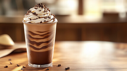 Mocha frappuccino with whipped cream served in a glass on wooden table  