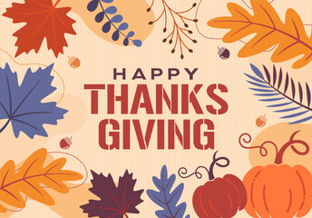 Happy Thanksgiving day simple modern card vector banner with Colorful fall leaves frame border background, pumpkins, leaves, acorns, berries, autumn plants