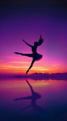 Silhouette of ballerina dancing gracefully against a vibrant sunset reflection landscape