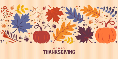 Happy Thanksgiving day vector, banner, card, printable with fall leaves background, pumpkins, leaves, acorns, berries, plants, illustration of autumn holiday clipart icons