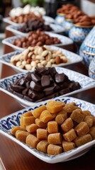 Colorful traditional Turkish sugar candy, chocolate candies, and almond delights displayed on a festive table for Ramadan.