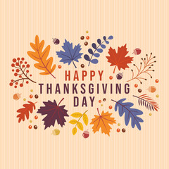 Happy Thanksgiving day card, fall vector, frame border, Simple flat colorful autumn leaves background, pumpkins, leaves, acorns, berries, plants clipart icon set