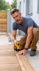 Craftsman working outdoors, installing a stylish wooden deck with precision and care. 