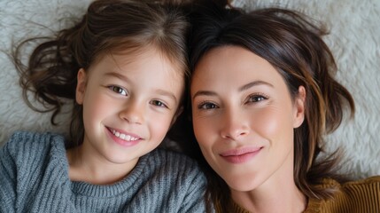 Cute family moment young mother and daughter smiling during self-care day at home, top-down view. 