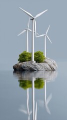 Environmental sustainability concept with modern windmills rotating over calm offshore waters. 