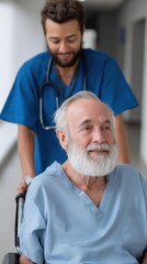 Elderly patient with disability assisted by a caregiver, focusing on healthcare innovation and medical implants. 