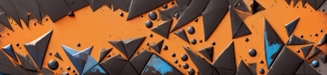 Header. Abstract dark geometric shapes on vibrant orange background texture. Triangles, triangle.