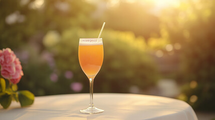Refreshing peach bellini cocktail on table in garden during sunset  