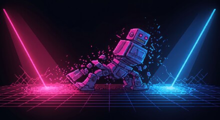 Pixelart robot deconstructing under pink and blue lights on a gridpatterned surface