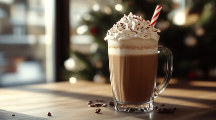 Peppermint mocha in a glass cup topped with whipped cream and sprinkles  
