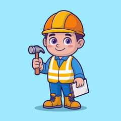 A cheerful illustration of a young construction worker wearing safety gear and holding tools, representing the importance of safety and confidence in the construction industry.