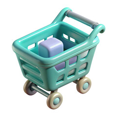 Turquoise shopping cart with single item concept for online retail and e commerce 3d isolated on transparent background
