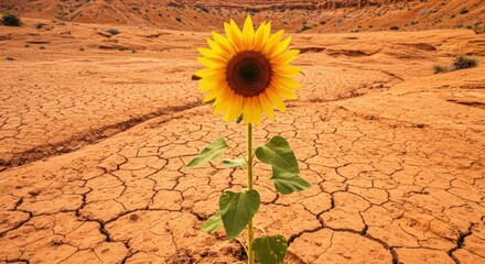 Sunflower stands tall in cracked desert landscape