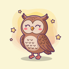 The image features a cute, cartoon owl with a warm smile, surrounded by stars, representing wisdom, friendliness, and the charm of nocturnal creatures with a joyful and whimsical design.