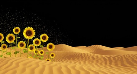 Sunflowers in sand gold glitters in black space above undulating dunes