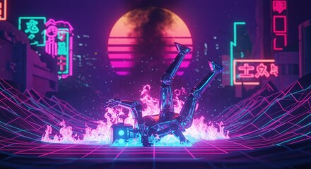 Upsidedown robot engulfed in flames on a neon grid floor with a sunset and neon signs in the background