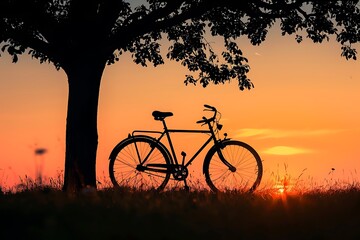 Silhouette of a bicycle parked beneath a tree with the backdrop of a breathtaking sunset
