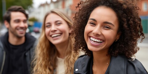 Happy and confident multiracial university students laughing and having fun in an outdoor urban setting. 