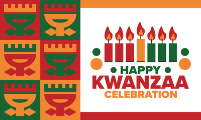 Kwanzaa Happy Celebration. African and African-American culture holiday. Seven days festival, celebrate annual from December 26 to January 1. Black history. Poster, card, banner and background. Vector
