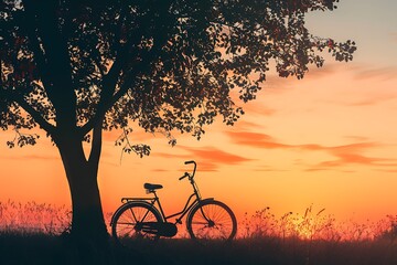 Solitary bicycle silhouette parked beneath a tree basks in the sunset serenity