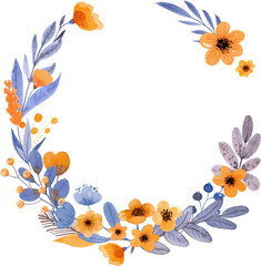 Watercolor Floral Wreath with Orange and Blue Flowers.
