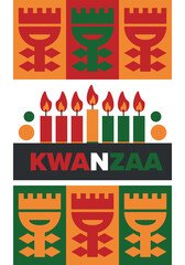 Kwanzaa Happy Celebration. African and African-American culture holiday. Seven days festival, celebrate annual from December 26 to January 1. Black history. Poster, card, banner and background. Vector
